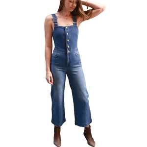 Slim fit denim jumpsuit for women with adjustable straps and wide leg in medium blue