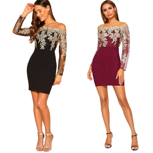 Robe Mini Femme Élégante Épaules Dénudées Manches Longues Broderie Dentelle Or Bodycon Banquet