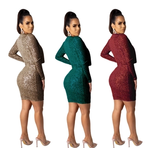 Sparkly sequin long sleeve bodycon mini dress in gold, emerald green, and wine red