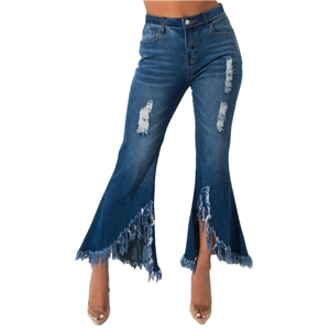 Women's high-waisted flare jeans with ripped details and frayed fringe hem in light blue