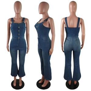 Three-view display of slim fit dark blue denim jumpsuit with buttons and flared legs