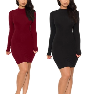 Women Sexy Backless Bodycon Mini Dress Long Sleeve Hollow Out Lace Up Mock Neck Solid Color Party Clubwear Dress