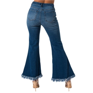 Women's dark blue high waist flare jeans with frayed hems and retro style from back view