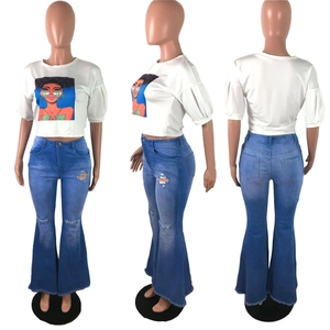 Three-view display of high-waisted distressed flare jeans with knee holes and crop t-shirt