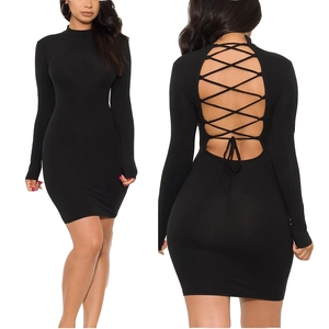Sexy black bodycon mini dress with long sleeves, open back and criss-cross bandage design