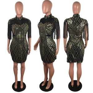 Detailed front, side and back view of a sequined dress with mesh and fringe details