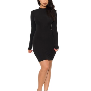 Detail of slim fit black long sleeve bodycon mini dress with high neck and backless design