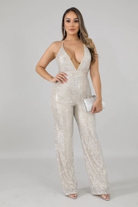 Deep V-neck backless jumpsuit with high-density silver sequins and wide leg design