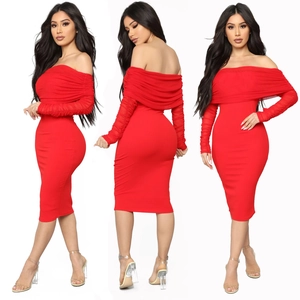 Abito da Donna Sexy Con Spalle Scoperte Manica Lunga In Rete Con Volant Bodycon Midi Tinta Unita Slim Fit Rosso Party Clubwear
