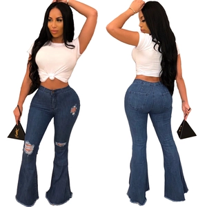 Jeans Évasés à Taille Haute pour Femmes Denim Délavé Déchiré Pantalon à Patte d'Eph avec Ourlet Brut Streetwear