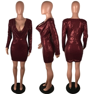 Three views of a red sequin mini dress featuring a deep V-neck and sparkling finish