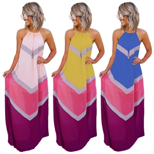 Robe Maxi Bohême pour Femmes Dos Nu Halter Sans Manches Imprimé Géométrique Chevron Colorblock Mousseline Longue Vacances