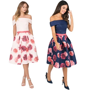 Damen Elegant Schulterfrei Blumenmuster Midi Kleid Satin Baumwollmischung A-Linie Partykleid Mit Gürtel Für Bankett Hochzeit