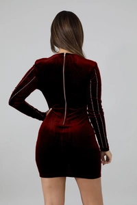 Detailansicht des silbernen Reißverschlusses und der Strassstreifen am burgunderroten Kleid