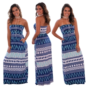 Women Strapless Maxi Dress Sexy Bohemian Geometric Print Slim Fit Summer Beach Party Cotton Blend Long Tube Top Dress