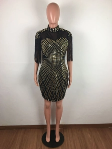 Detail of sequin geometric patterns and black fringe on a slim-fit party dress