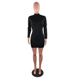 Close-up of black bodycon mini dress featuring a high neck and long sleeve design