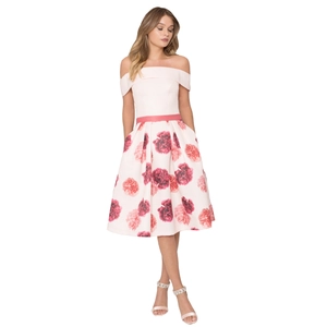 Damen Schulterfreies Midikleid mit Blumenmuster, rotem Gürtel und elegantem A-Linien-Rock