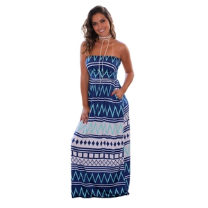 Slim fit strapless maxi dress with blue geometric print for casual summer fashion
