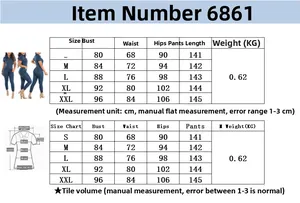 Size guide for women's denim jumpsuit with bust, waist, and hips measurements