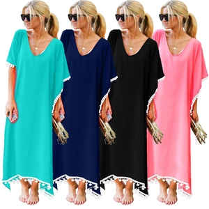 Robe Cache-maillot en Mousseline pour Femme Col en V Manches Chauve-souris Décor de Pompon et Glands Kaftan de Plage