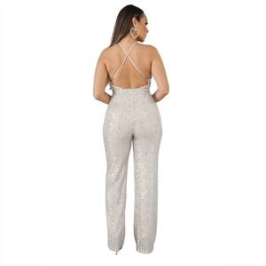 Sparkling champagne silver sequin jumpsuit with backless cross straps and wide-leg trousers