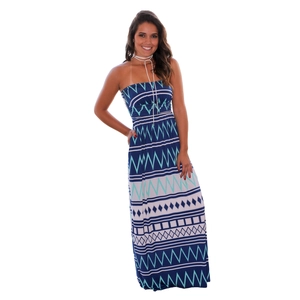 Slim fit strapless bohemian maxi dress with navy blue geometric print patterns