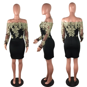Vue détaillée multi-angles de la robe noire à épaules dénudées avec broderies dorées