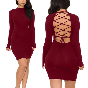 Sexy wine red long sleeve bodycon dress with backless bandage design and cutout detail