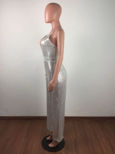 Detailed side view of a silver sequined bodycon jumpsuit showing shimmering metallic texture