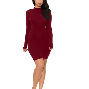 Detail view of burgundy bodycon mini dress featuring long sleeves and a turtleneck