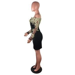 Détails de broderie en dentelle florale dorée et manches en résille sur robe noire
