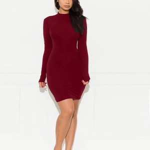 Front view of a wine red slim fit bodycon dress with a chic high neck and long sleeves