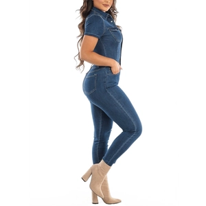 Slim fit dark blue denim jumpsuit with short sleeves and turn-down collar for women