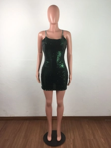 Detailed view of green sequin bodycon mini dress on mannequin with spaghetti straps