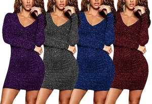 Women Sexy V-Neck Backless Bandage Mini Dress Long Sleeve Glitter Shiny Party Nightclub Bodycon Dress Clubwear Outfit