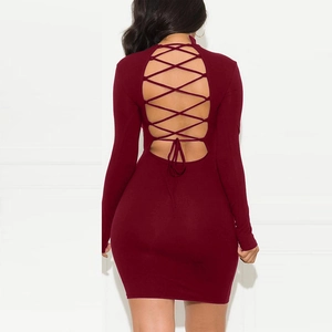 Sexy burgundy backless long sleeve mini dress with lace-up cutout and bodycon fit