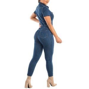 Slim fit dark blue denim romper with short sleeves and pockets, perfect for summer style