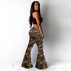 Pantalon évasé camouflage sexy pour femmes à taille haute avec genoux déchirés et stretch