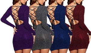 Detail view of sparkly V-neck backless mini dress with lace-up straps in four distinct colors