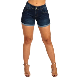 Short en jean taille haute bleu foncé pour femme avec ourlet roulé et délavage