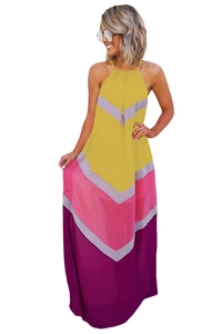 Robe longue sexy à licou avec blocs de couleurs géométriques jaune rose et violet