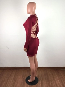 Detailed back view of sexy wine red backless bodycon dress with criss-cross lace-up design