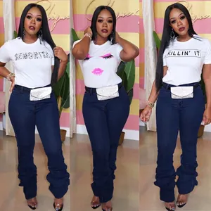 Jeans Empilés pour Femmes Streetwear Taille Haute Slim Fit Push Up Pantalon en Denim Skinny Bleu Foncé Jambe Plissée Mode