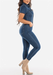 Side view of slim fit dark blue denim jumpsuit with short sleeves and chest pockets