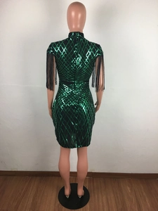 Detail of sequin dress with green diamond pattern, fringe trim, and hidden back zipper