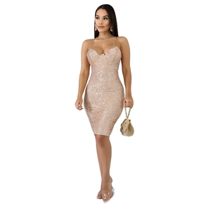Elegant champagne gold sequin bodycon midi dress with thin straps for party wear
