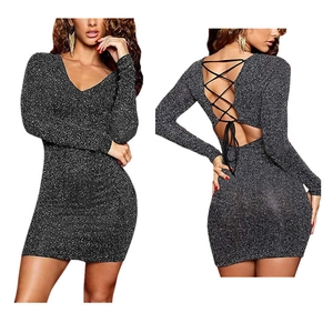 Sexy black sequined long sleeve mini dress with deep V-neck and crisscross backless design