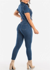 Rear view of slim fit dark blue denim jumpsuit with white stitching and pockets