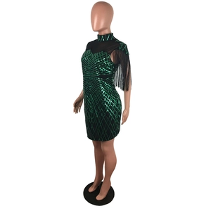Vue détaillée d'une robe verte à paillettes, motifs géométriques et longues franges noires